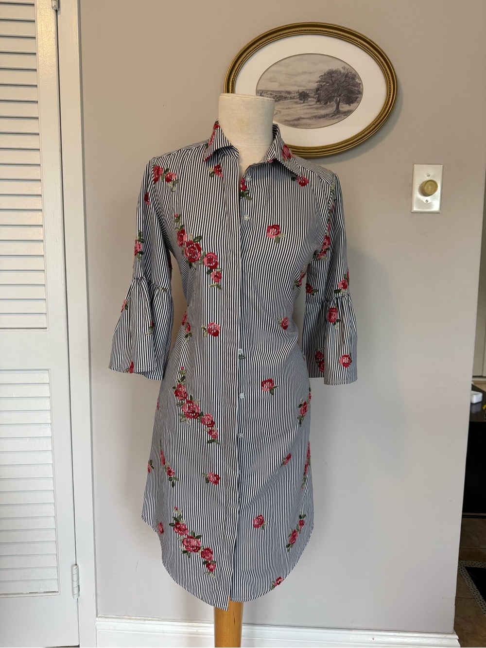 Calvin Klein Embroidered Rose Striped Bell Sleeve Shirtdress Belted 4